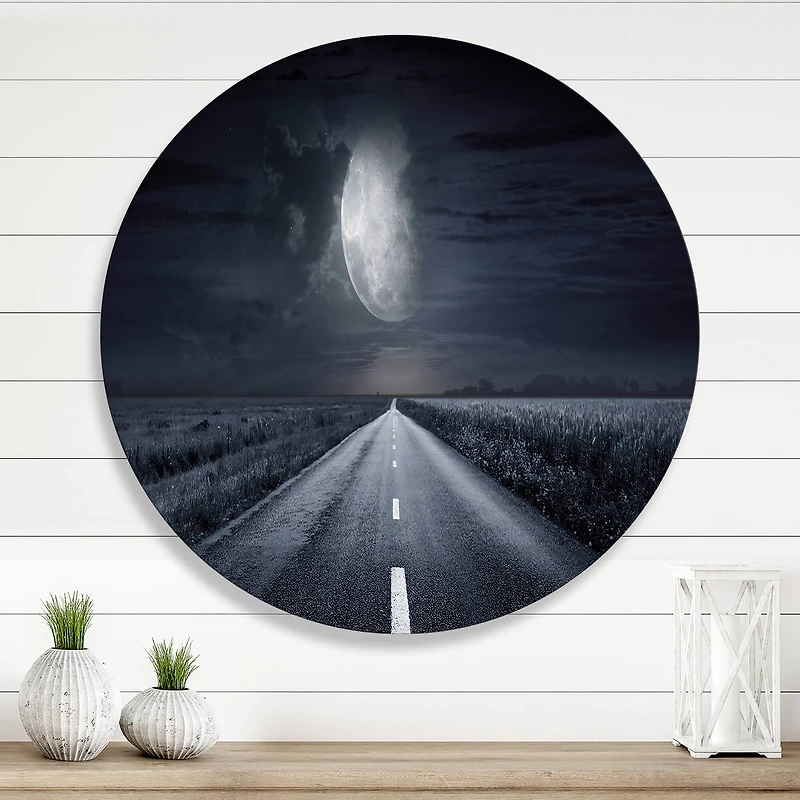Designart - Asphalt Road Under Cloudy Full Moon III