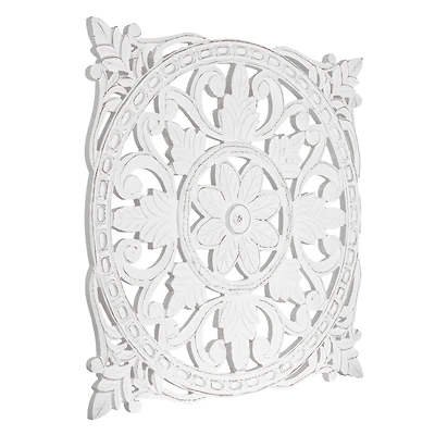 American Art Décor™ 30" White Hand-Carved Square Floral Wood Medallion