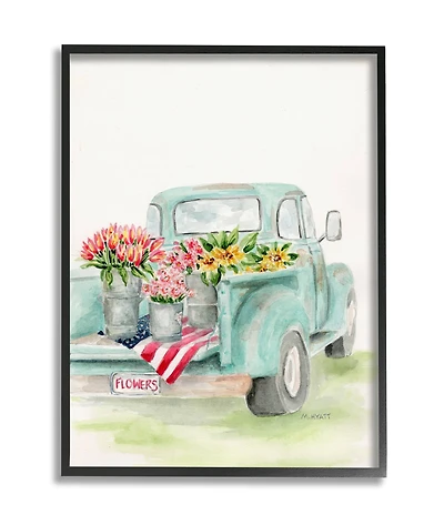 Stupell Industries Vintage Blue Pick-Up Truck Floral Farm Bouquets Framed Wall Art
