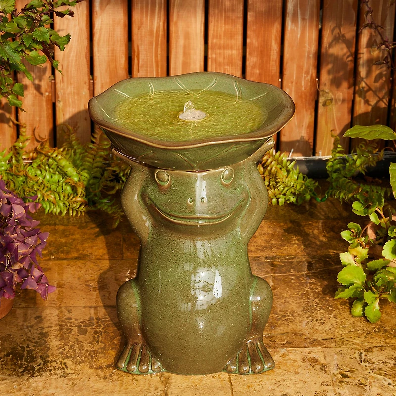 Glitzhome® 21.5" LED Olive Green Frog Holding Lotus Birdbath Ceramic Outdoor Floor Fountain