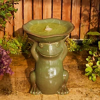 Glitzhome® 21.5" LED Olive Green Frog Holding Lotus Birdbath Ceramic Outdoor Floor Fountain