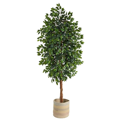 8ft. Ficus Artificial Tree with Handmade Natural Cotton Multicolored Woven Planter