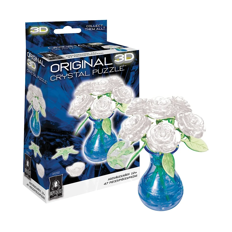 3D Crystal Puzzle - Roses in a Vase (White): 47 Pcs