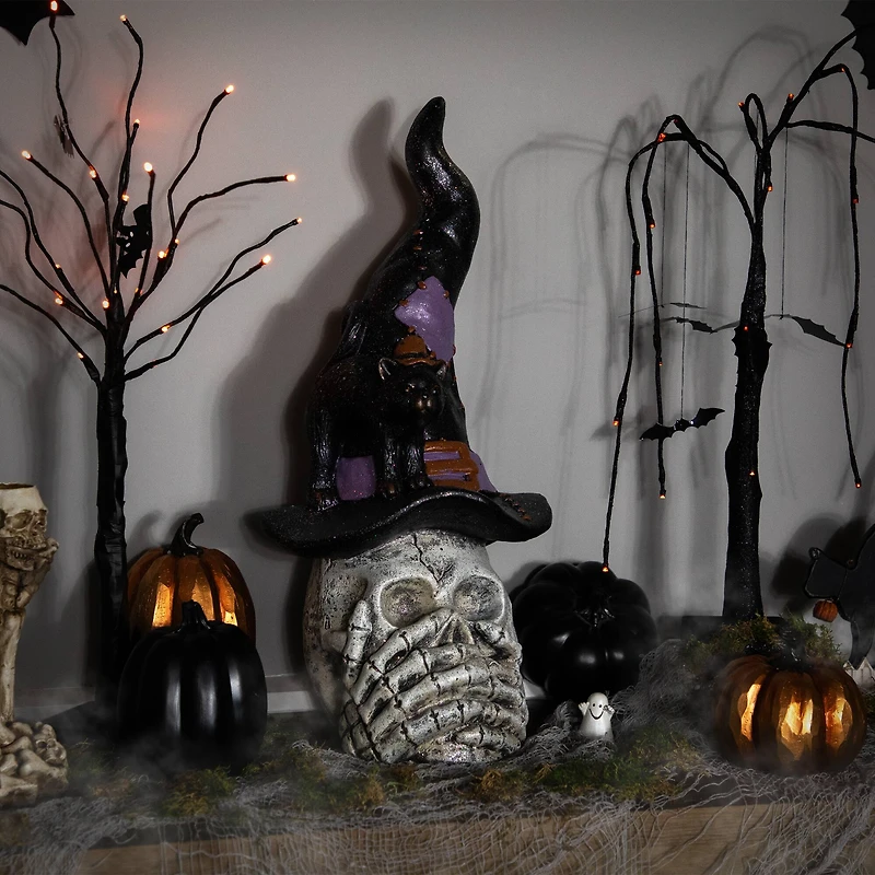 22.75" Skull in Witch Hat with Black Cat Halloween Decoration