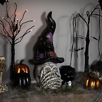 22.75" Skull in Witch Hat with Black Cat Halloween Decoration