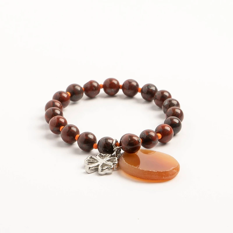 John Bead Red Jasper Stretch Bracelet with Agate & Clover Charms