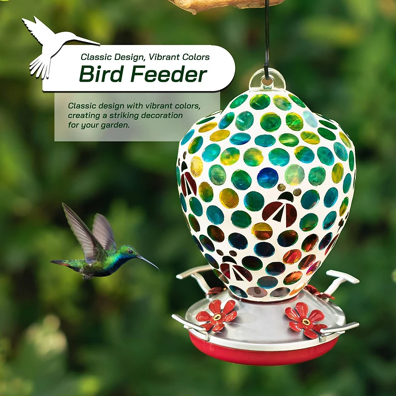 Glitzhome® 8.25" Blue & Green Dots & Ladybugs Glass Hanging Bird Feeder