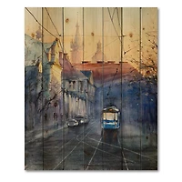 Designart - Blue Tram At Sunset With Church During Sunset
