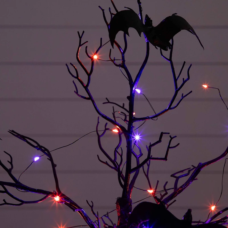 3ft. Pre-Lit Artificial Halloween Black Spooky Twig Tree with Bats and 100 Orange & Purple LED Lights