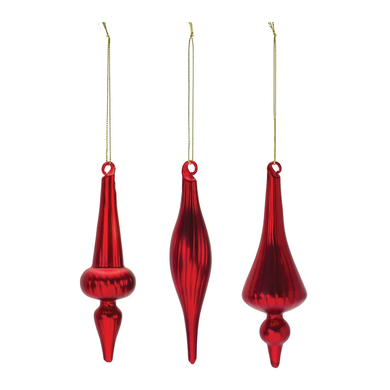 6" Red Ribbed Glass Finial Ornament Set
