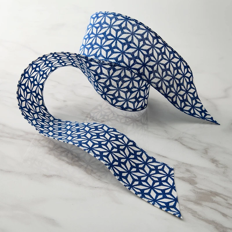 2.5" x 3yd. Blue Geometric Chinoiserie Wired Edge Ribbon by Celebrate It™