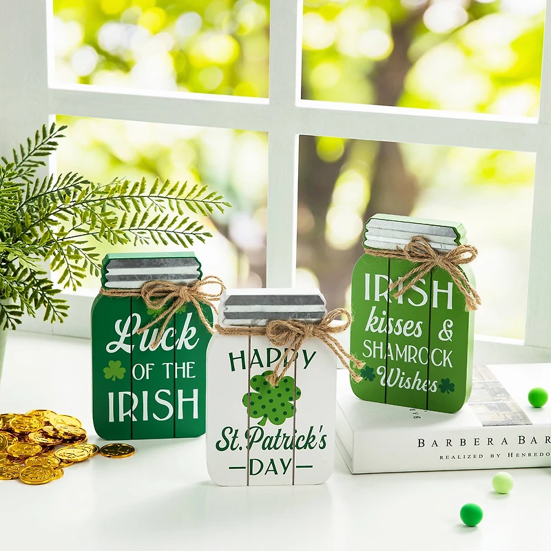 Glitzhome® 7" Set of 3 St. Patrick's Wooden Mason Jar Table decor