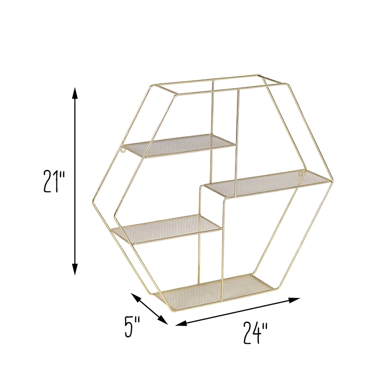 Honey Can Do 21" Gold Hexagonal Decorative 4-Tier Metal Wall Shelf