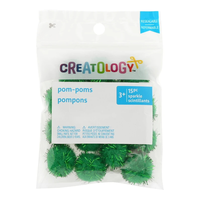 3/4" Green Sparkle Pom Poms, 15ct. by Creatology™