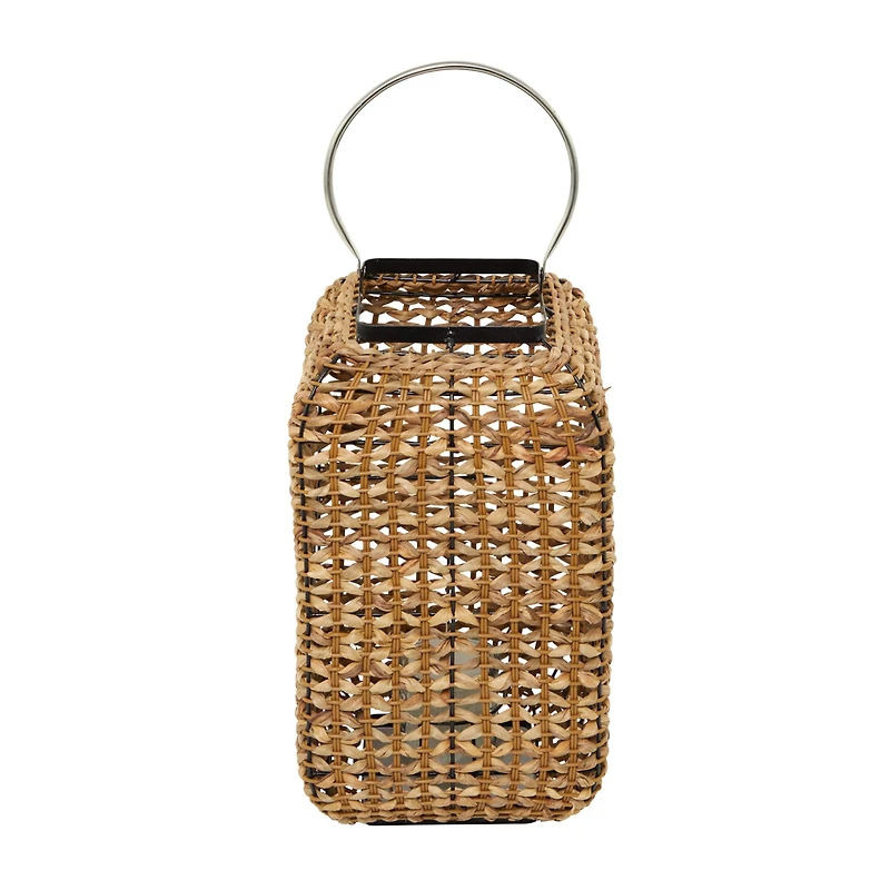 20" Brown Dried Plant Handmade Rattan Weaved Candle Lantern with Glass Holder and Handle