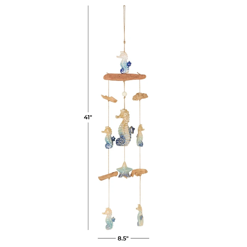 41" Blue Ombre Ceramic Starfish & Seahorse Windchime with Driftwood Accents