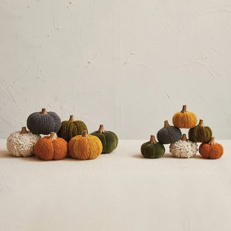 Hello Honey® 4.75" Bouclé & Velvet Pumpkin with Wood Stem Holiday Décor Set, 6ct.