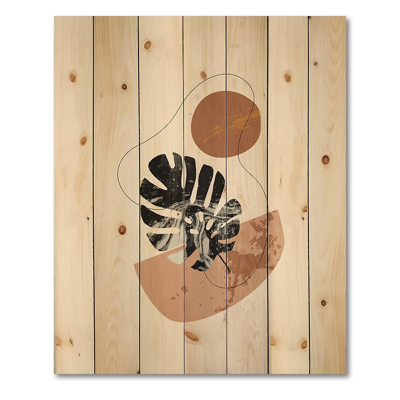 Designart - Abstract Shapes & Tropical Monstera Leaves - Modern Print on Natural Pine Wood