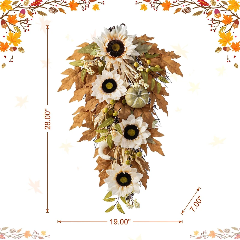 Glitzhome® 28" Fall Neutral Sunflower, Pumpkin and Leaf Swag