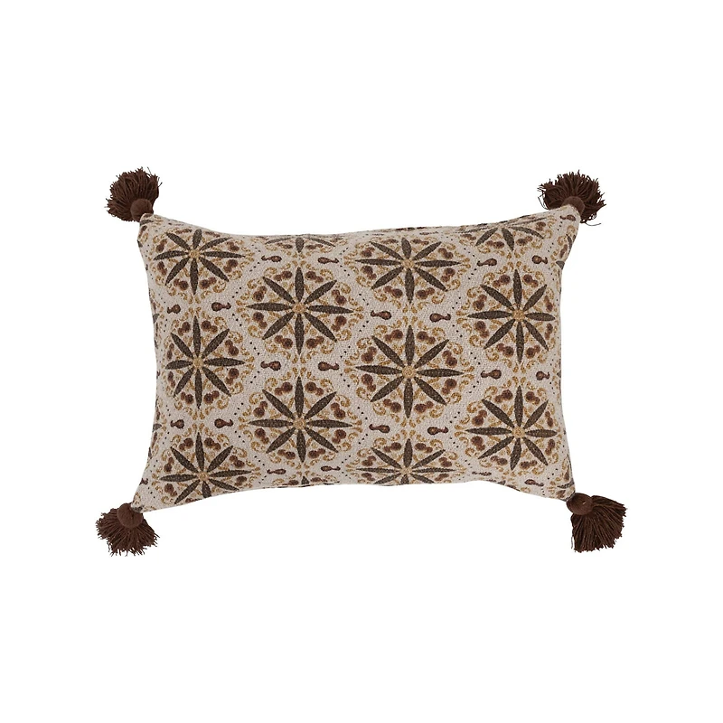 Floral Medallion Print Recycled Cotton Blend Lumbar Pillow with Tassels