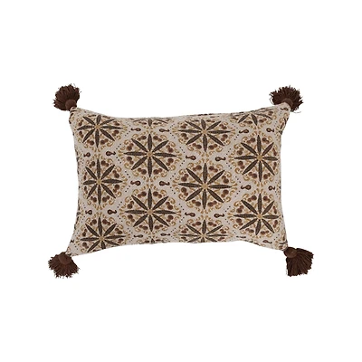Floral Medallion Print Recycled Cotton Blend Lumbar Pillow with Tassels