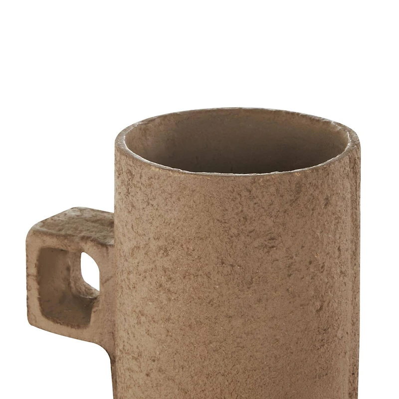 15.5" Brown Paper Mache Abstract Distressed Textured Vase with Geometric Handle