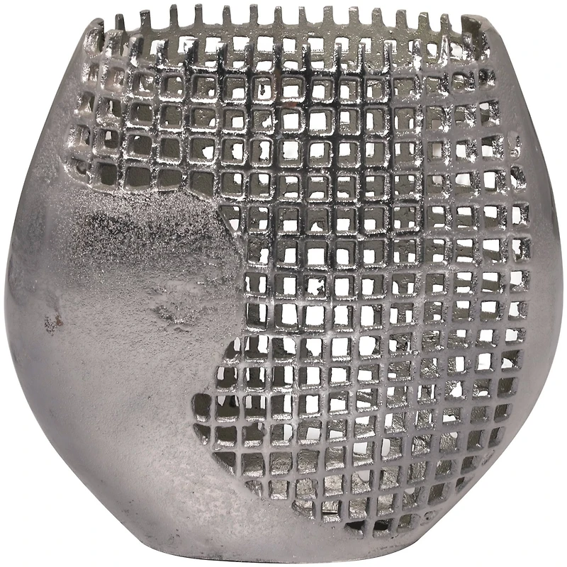 13" Dark Gray Aluminum Grid Inspired Abstract Vase with Open Frame Design