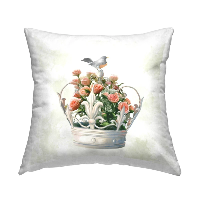 Stupell Industries Bird Perched Regal Crown Pink Rose Bouquet Throw Pillow, 18" x 18"