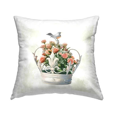 Stupell Industries Bird Perched Regal Crown Pink Rose Bouquet Throw Pillow, 18" x 18"