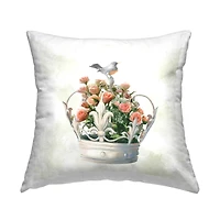 Stupell Industries Bird Perched Regal Crown Pink Rose Bouquet Throw Pillow, 18" x 18"