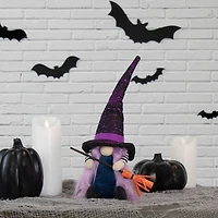 15" Black & Purple Halloween Gnome Witch with Broom