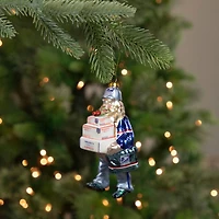 Busy Santa USPS "Priority Mail" Carrier Glass Christmas Ornament - 6" - Blue