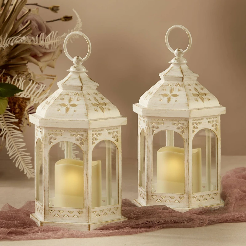 Kate Aspen White LED Hexagon Distressed Lantern Set