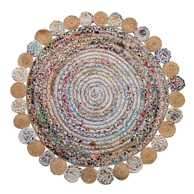 Hello Honey® Multicolor Boho Round Woven Cotton Chindi and Jute Rug with Circle Trim, 4ft. x 4ft.