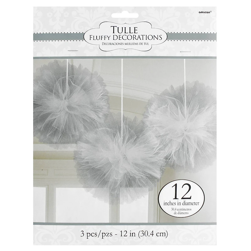 12" Silver Fluffy Tulle Hanging Decorations, 3ct.