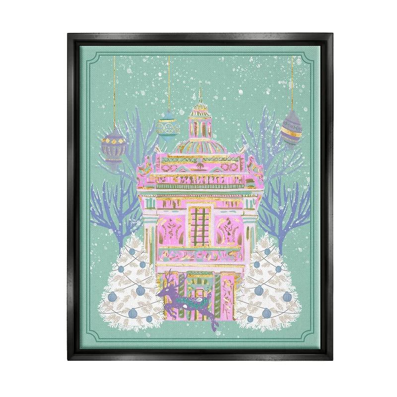 Stupell Industries Pink Ornate Christmas Building Framed Floater Canvas Wall Art