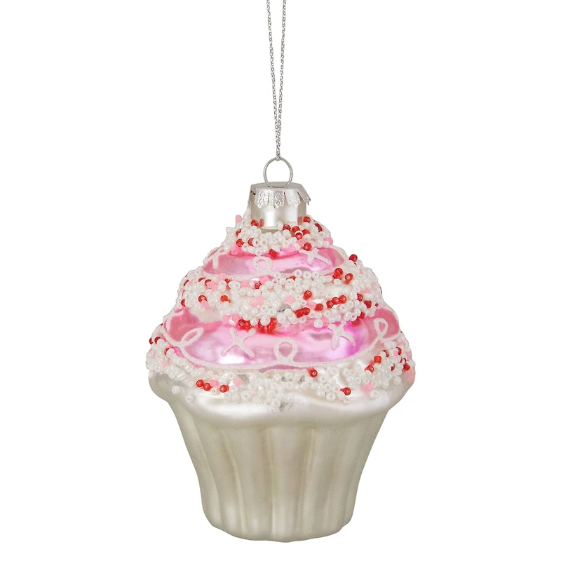 4" Pink & White Cupcake with Sprinkles Glass Ornament