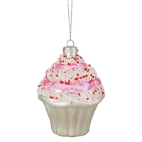 4" Pink & White Cupcake with Sprinkles Glass Ornament