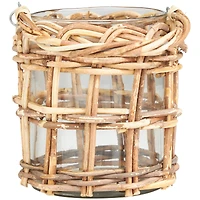 8" Clear Glass Handmade Candle Lantern with Brown Rattan Woven Exterior & Twisted Handle