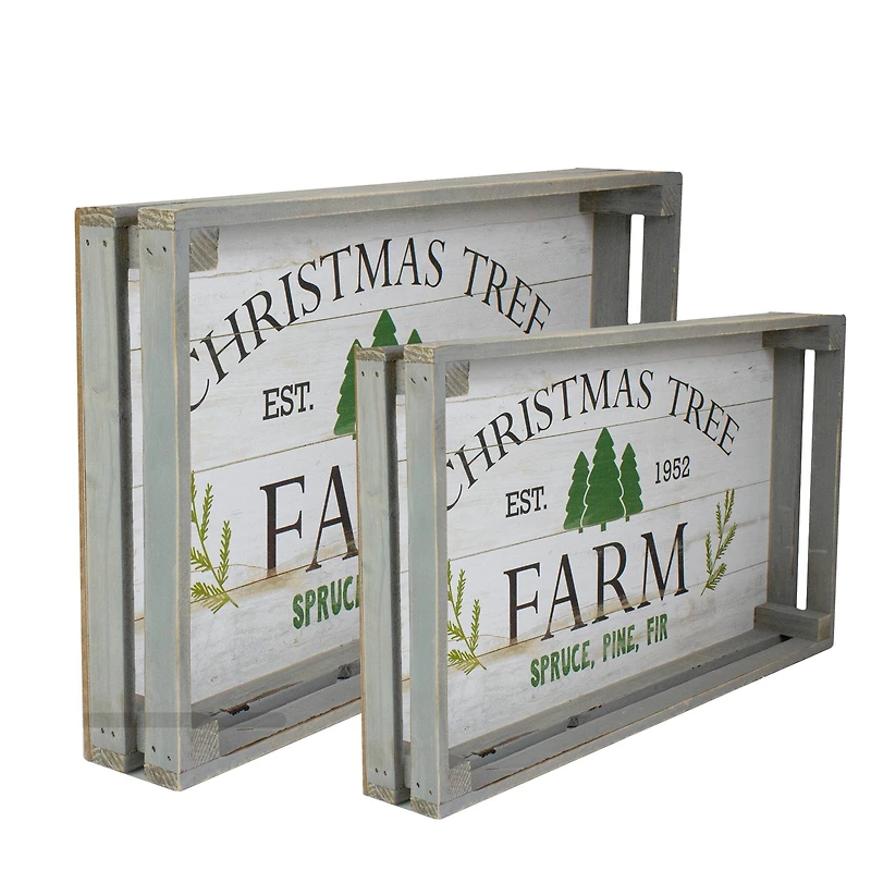 Gray & White Farm Fresh Christmas Trees Wooden Tray Hanging Sign Set