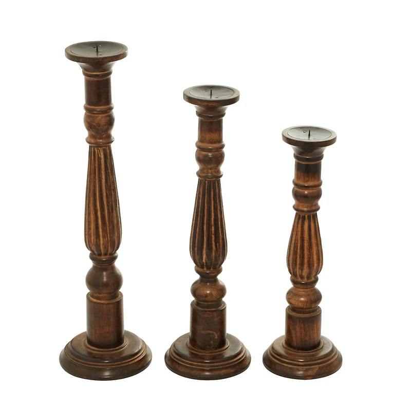 Brown Mango Wood Traditional Candle Holders Set, 18", 21" & 24"