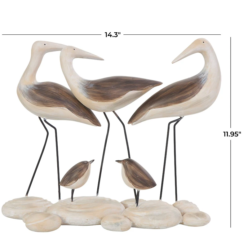 14" Brown Polystone Bird Family Sculpture with Cream Rock Base