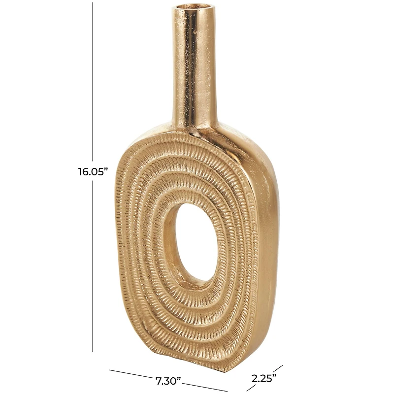 16" Gold Aluminum Metal Geometric Circular Vase with Linear Etchings