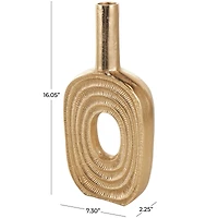 16" Gold Aluminum Metal Geometric Circular Vase with Linear Etchings