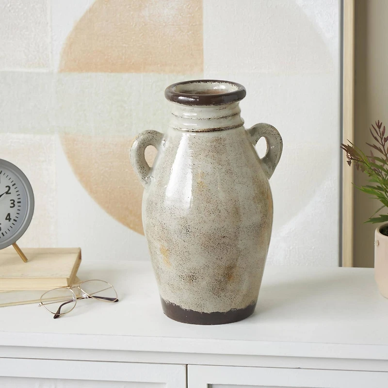 13.75" Cream Ceramic Antique Amphora Vase with Speckled Texturing