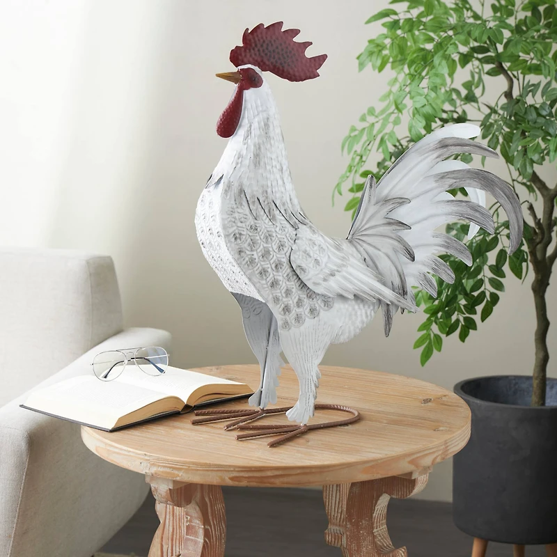 17.5" White Metal Rooster Garden Sculpture