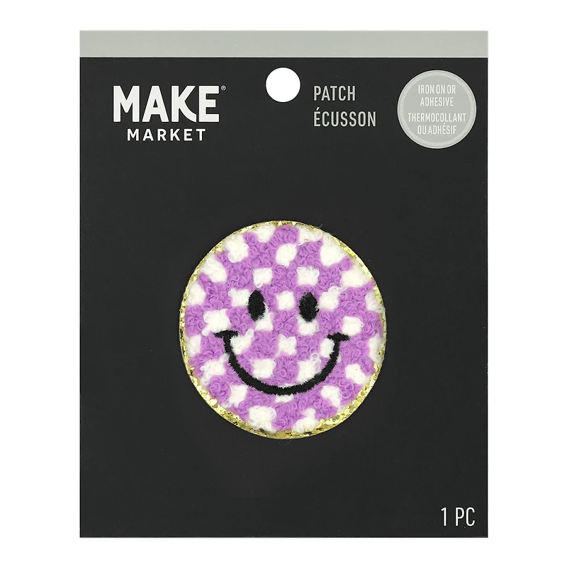 Purple Checker Smiley Face Iron On & Adhesive Patch by Make Market®