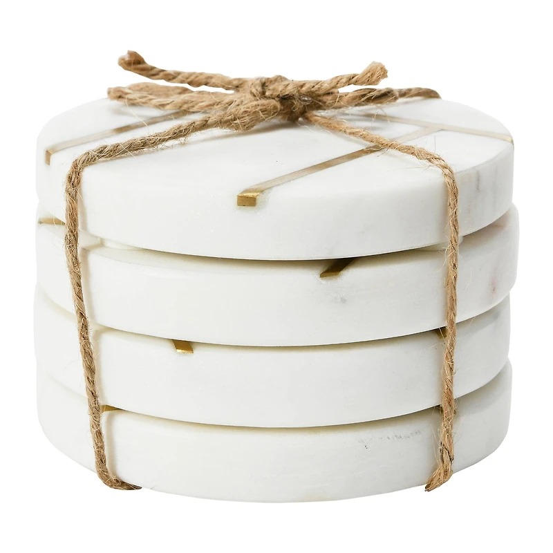 Hello Honey® White Round Marble Coaster Set with Brass Inlay