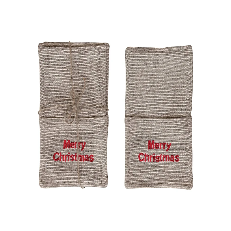 Hello Honey® 10.5" Beige & Red Woven Cotton Cutlery Sleeves with Christmas Embroidery, 4ct.