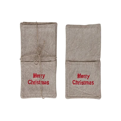 Hello Honey® 10.5" Beige & Red Woven Cotton Cutlery Sleeves with Christmas Embroidery, 4ct.